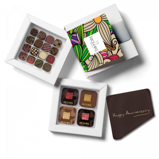 Happy Anniversary Box 32 Chocolates filled and plain + 1 Chocolate Card "Happy Anniversary". HandMade in France. Unique Gift.