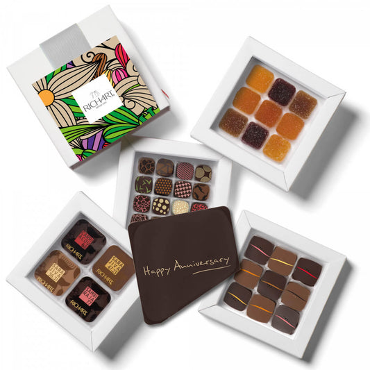 Happy Anniversary XL Box 50 pieces. Assortment of 41 Dark and Milk chocolates+ 9 French Pates de fruits + 1 dark chocolate "Happy Anniversary!" card