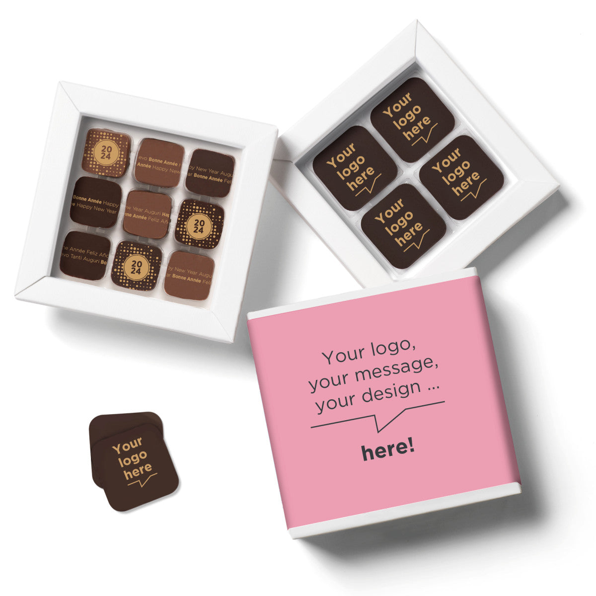 Customizable chocolate corporate gifts Chocolate squares personalized with your logo, in a personalized box and gourmet chocolates