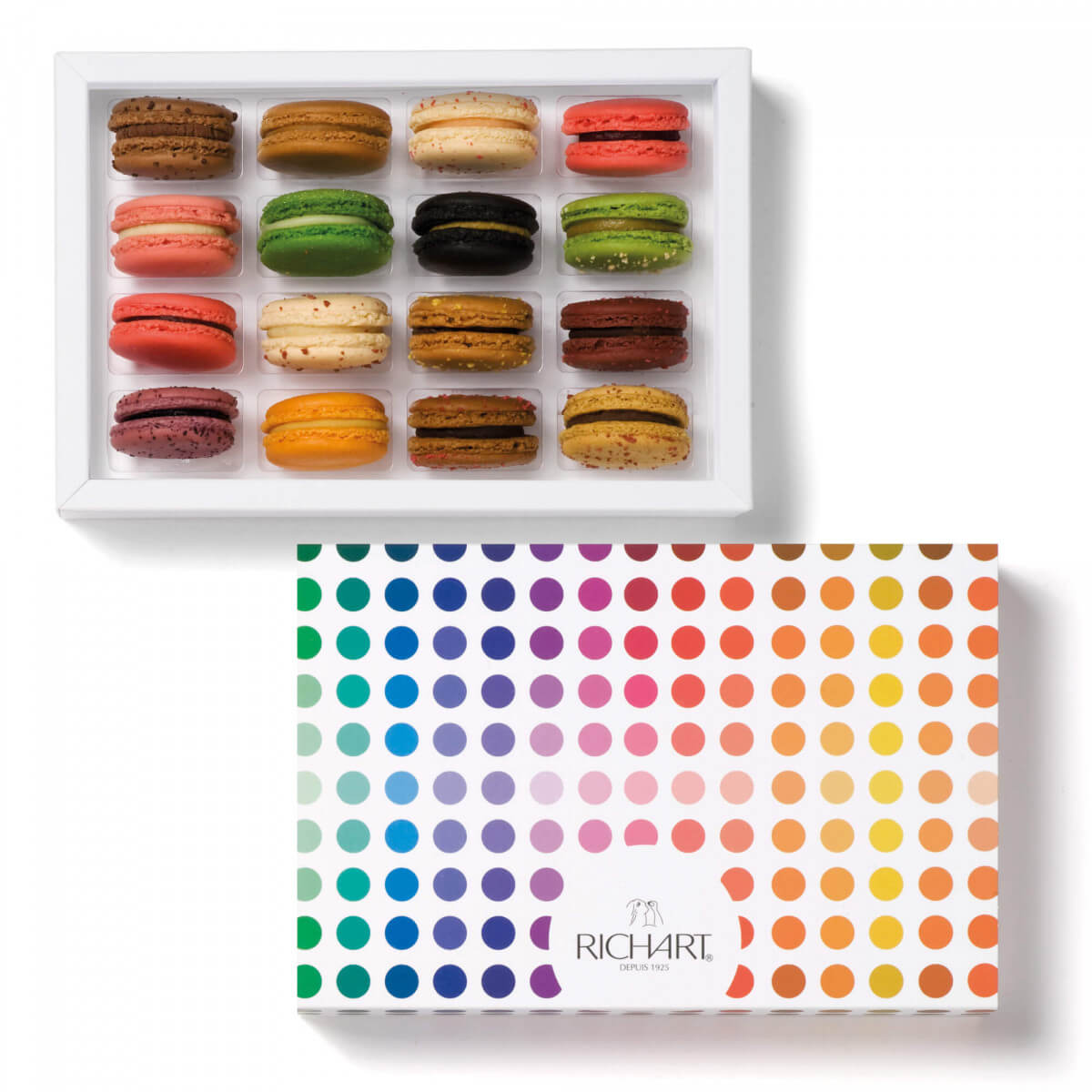 Box of 16 Assorted French Macarons Raspberry, Chocolate, Caramel, Pistachio, Orange, Mango... Handmade in France