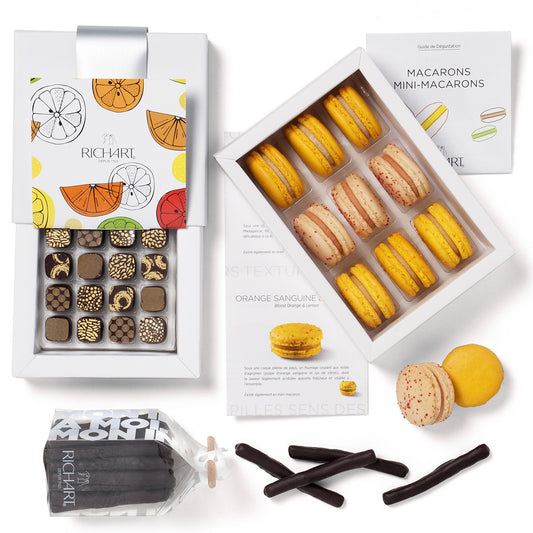 Gift basket of 26 pieces Citrus. Assorted Chocolates, French Macarons, Orangettes. La Maison Richart, French Chocolatier since 1925.