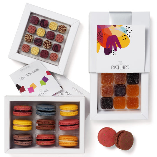 Gift basket of 34 pieces Fruity. Assorted Chocolates, French pate de fruits and Macarons. Handcrafted in France.