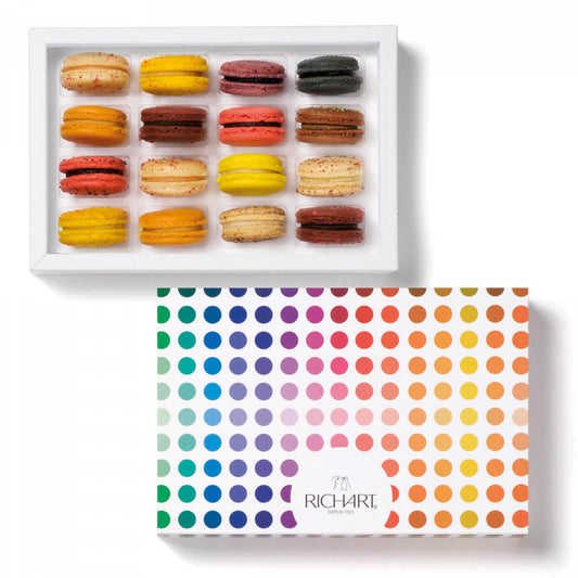 16 French Macarons Assorted Flavors Hazelnut, Coconut, Pistachio, Chocolate, Vanilla, Speculos, Raspberry, Orange etc. Pastries.Handmade in France