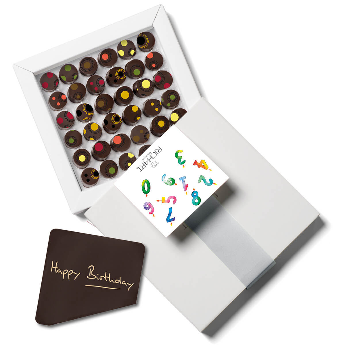 Gift Box 36 Chocolates + 1 "Happy Birthday" Chocolate Card. Ganaches with liquide core with assorted flavors. Hand crafted in France.