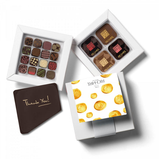 32 chocolates + a chocolate card "thank you" in a box. Luxury chocolates from France. Dark and Milk, filled and plain.