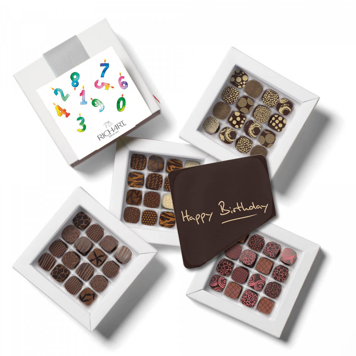 Happy Birthday Chocolate Gift Box Assortment of 64 Filled Chocolates Petits Richart + 1 Chocolate Card "happy birthday"