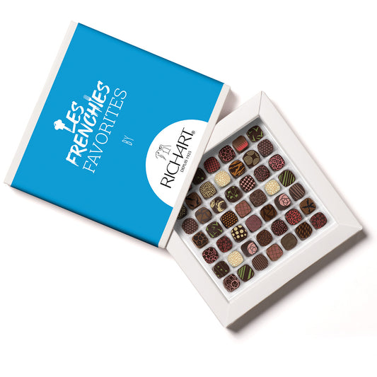 Luxury chocolate box, 49 chocolates selected by Les Frenchies. High-end gourmet chocolates presented in an elegant gift box.