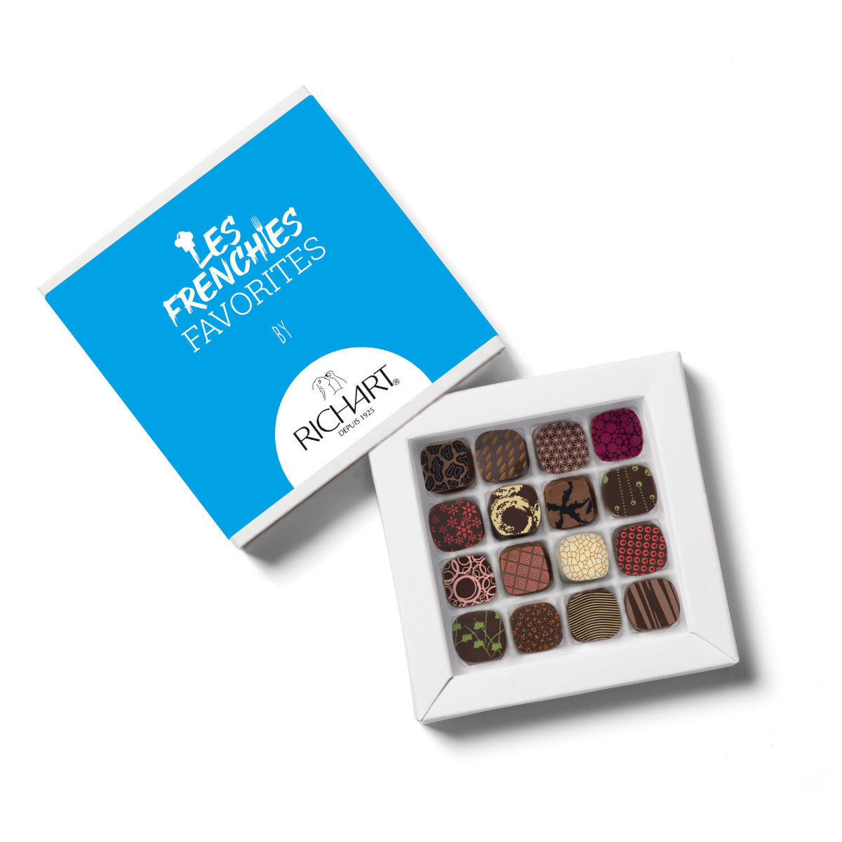 Luxury chocolate box, 16 chocolates selected by Les Frenchies. High-end gourmet chocolates presented in an elegant gift box.