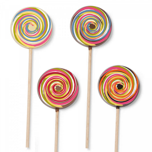 Assortment of 4 Chocolate Lollipops. Dark, Milk, White chocolates. Random selected designs