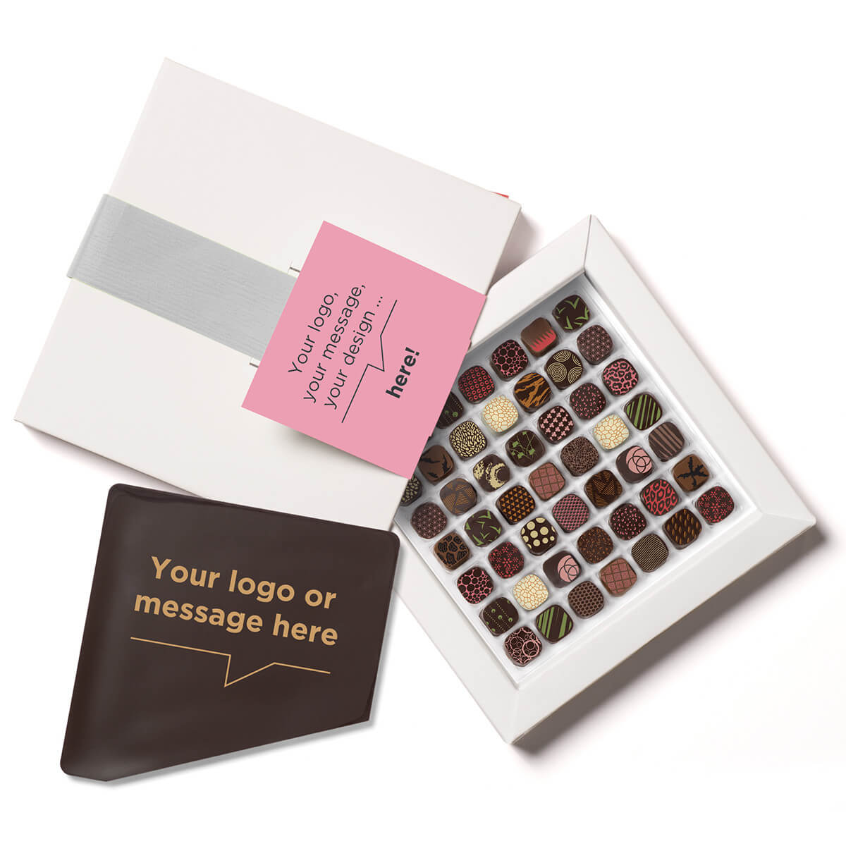 Customizable chocolate corporate gifts Wide variety of gourmet chocolates, delivered with a personalized chocolate message card in a custom box.