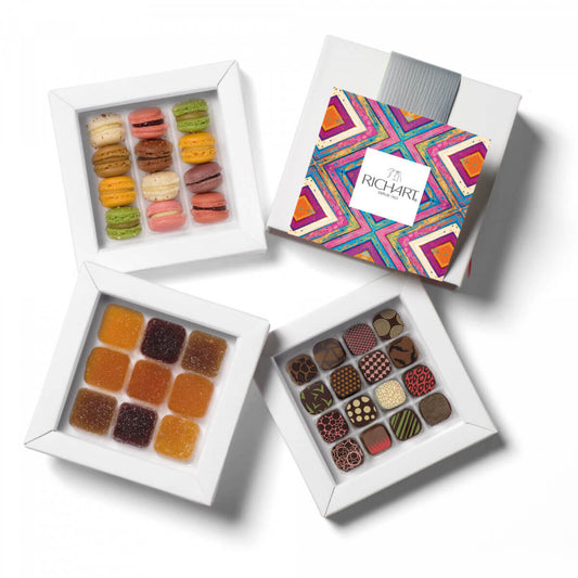 Box of 37 Chocolates, Pates de fruits and Macarons. An amazing tasting cession from France. A mosaic of flavors, textures and colors.