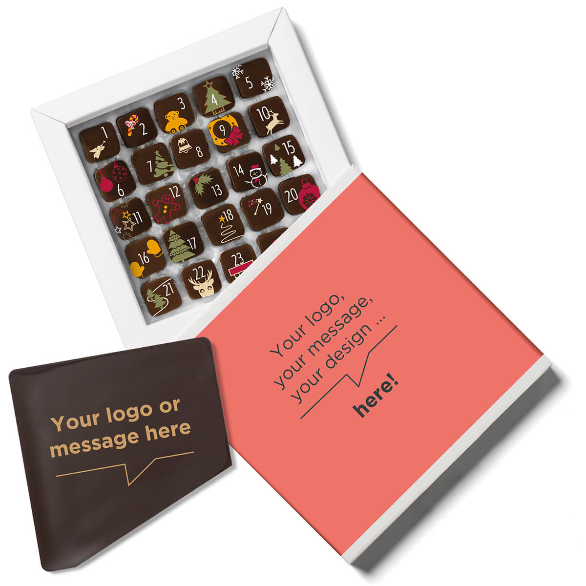 Customizable chocolate corporate gifts Advent Box personalized with personalized chocolate message card and sleeve.