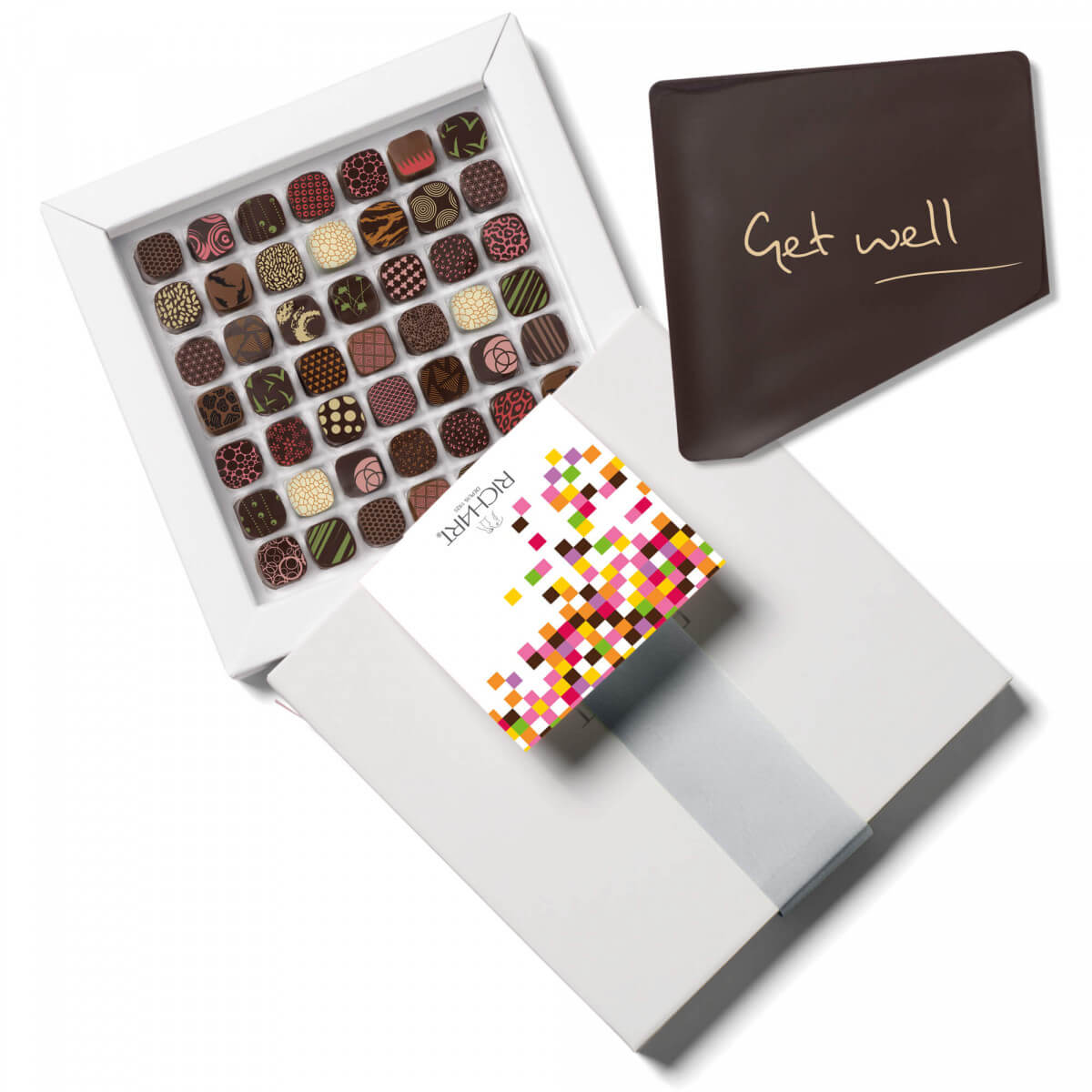 Get Well Box 1 Chocolate Card + 49 Chocolates Petits Richart. Traditional and exotic flavors. Creation of the French Chocolatier Richart.