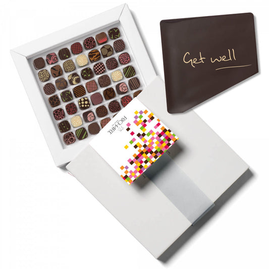 Get Well Box 1 Chocolate Card + 49 Chocolates Petits Richart. Traditional and exotic flavors. Creation of the French Chocolatier Richart.
