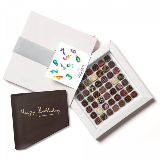Happy Birthday Gift Basket 49 Chocolates + 1 "Happy birthday' Chocolate Card. Creation of the French chocolatier Richart.