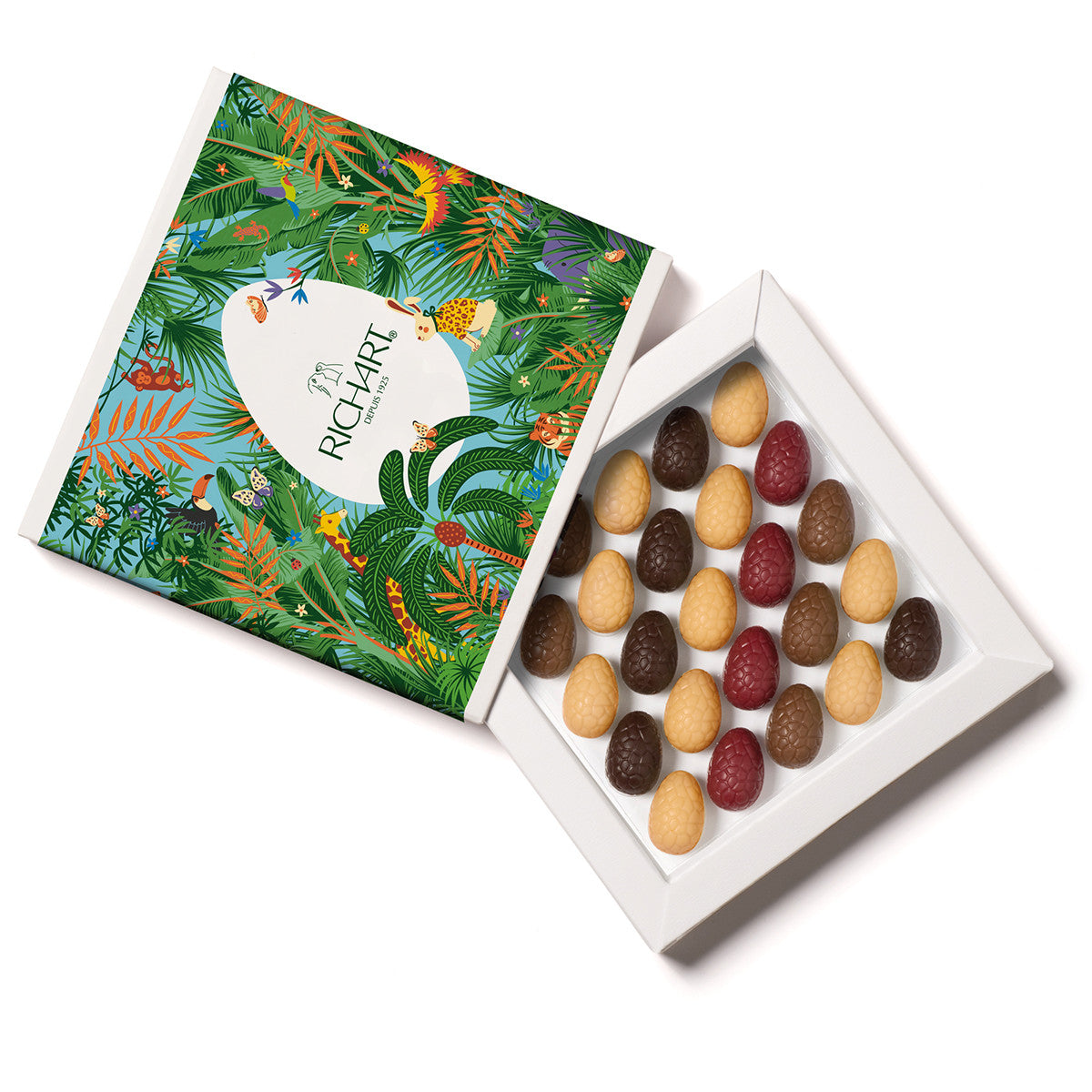 Easter gift box, 25 filled chocolate eggs. High-end gourmet chocolates presented in an elegant gift box.