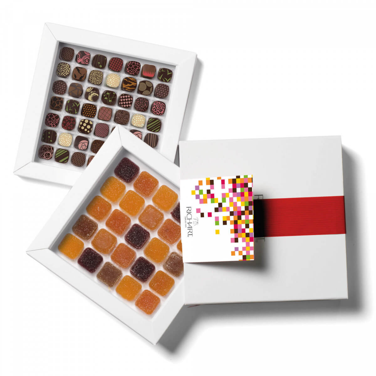 Box of 29 Chocolates + 25 Pates de fruits. Gourmet Chocolates Petit Richart hand crafted in France and French Pates de fruits made of Pure Pulp.