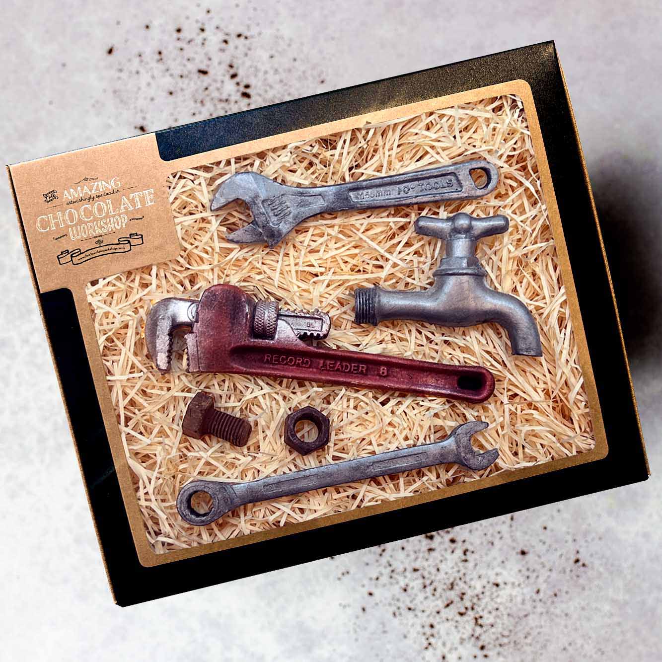 Plumbers Chocolate Gift Set – Adjustable Spanner, Ring Spanner, Tap, Nut & Bolt & Monkey Wrench Box