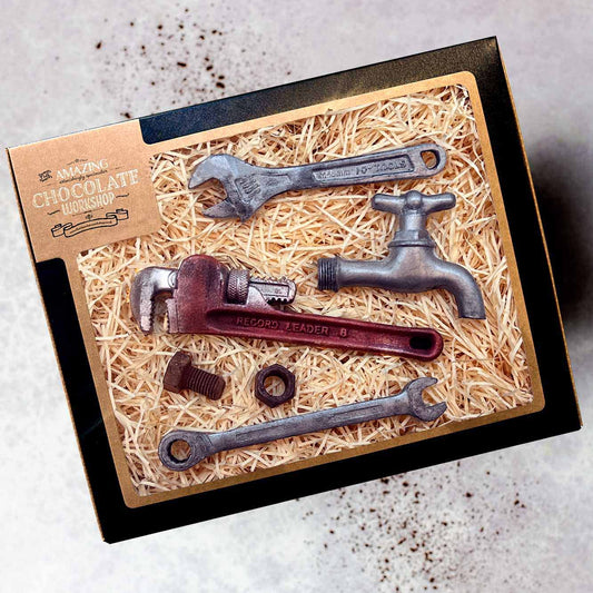 Plumbers Chocolate Gift Set – Adjustable Spanner, Ring Spanner, Tap, Nut & Bolt & Monkey Wrench Box
