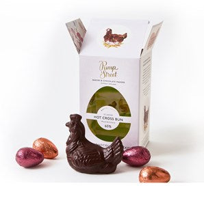 Pump Street, Hot Cross Bun, 60% Dark Chocolate Easter Chicken & Milk Eggs