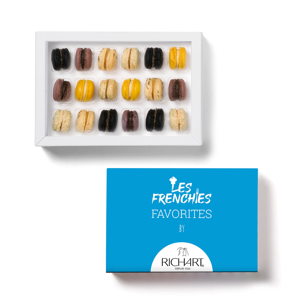 Luxury box of savory mini-macarons, 18 macarons selected by Les Frenchies. High-end gourmet products presented in an elegant gift box.