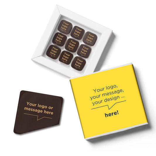 Customizable chocolate corporate gifts Subtle chocolates filled with caramel, personalized with your logo, delivered with a custom message card
