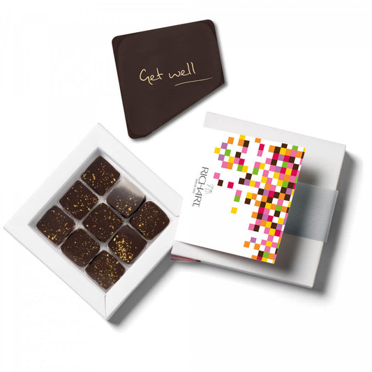 Gift Box "Get Well" Chocolate Card + 9 Fine Chocolates. Soft and silky ganache made with cream and single-origin cocoa from Peru.