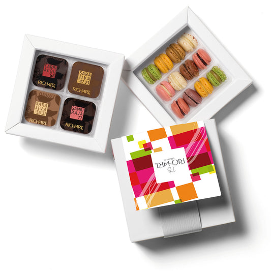 Box of gourmet treats, 16 plain chocolates and 12 mini-macarons. High-end products presented in an elegant gift box.