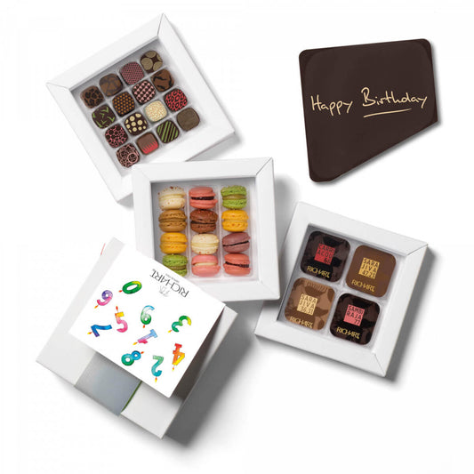 Happy Birthday Chocolates Box 44 pieces 16 filled chocolates + 16 solid chocolates + 12 French mini-macarons + 1 "Happy Birthday!" Chocolate Card
