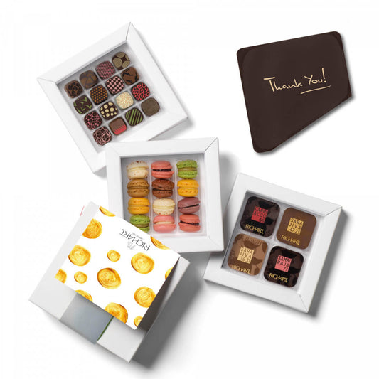 Thank You Chocolates Box 44 pc 16 filled chocolates, 16 Dark Chocolates Squares, 12 French Mini Macarons and a Chocolate Message Card "Thank you!"