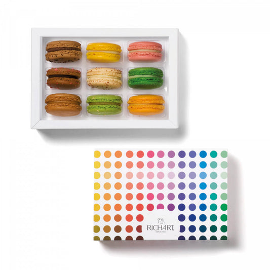Box of 9 Assorted Macarons : Fruit compote, Ganache, Pralines or coulis Chocolate, Coffee, Pistachio, Blackcurrent, vanilla… Handmade in France