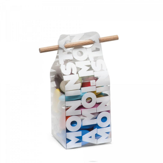 Box of dragees. Multi-color assortment of Avola almonds and dark chocolate 70% cocoa dragees.