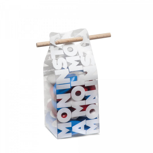 Box of dragees. Blue, white and red assortment of Avola almonds and dark chocolate 70% cocoa dragees.