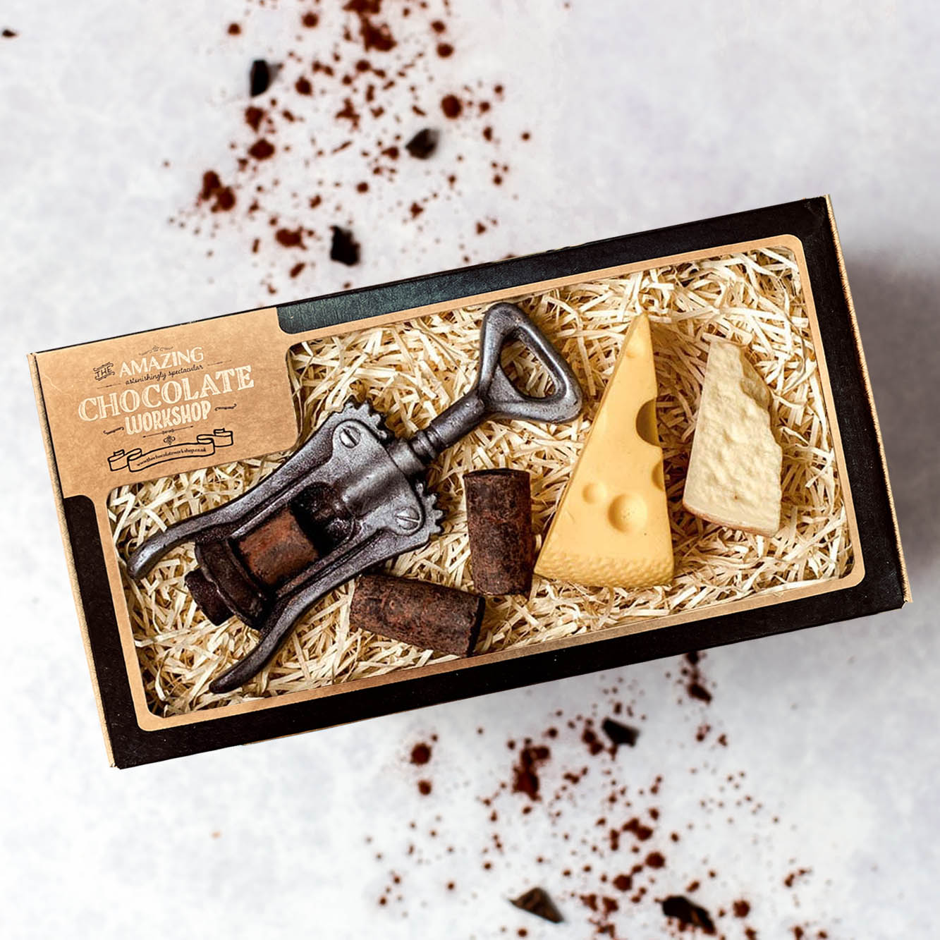 Cheese & Wine Lovers Chocolate Selection Box – Corkscrew, Wine Corks, Swiss Cheese Slice & Parmesan