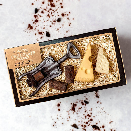 Cheese & Wine Lovers Chocolate Selection Box – Corkscrew, Wine Corks, Swiss Cheese Slice & Parmesan