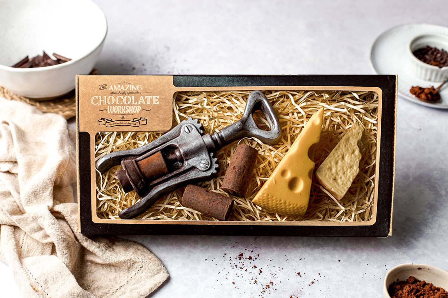 Cheese & Wine Lovers Chocolate Selection Box – Corkscrew, Wine Corks, Swiss Cheese Slice & Parmesan