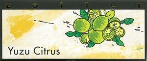 Yuzu Citrus product with green lemons and leaves on a yellow background