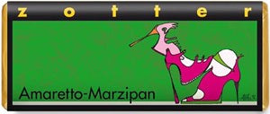 Zott Amarellto-Morizipan candy packaging with green background and cartoon characters.