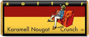 Box of Karamell Nougat Crunch with a red and yellow design featuring a person holding a candy.
