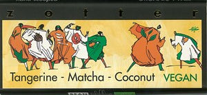 Vegan product label with cartoon characters and flavor names on a beige background